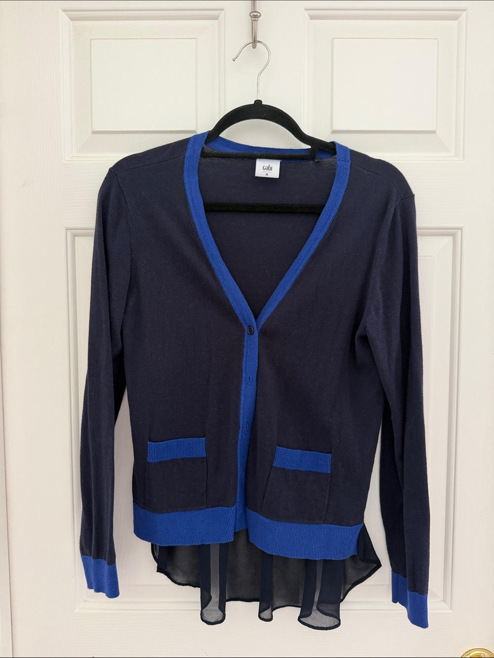 CAbi Navy Cardigan with Royal Blue Trim and Chiffon Back